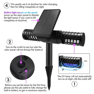 AxiaTool solar panel mosquito killer bug zapper in a garden setting, showcasing its sleek design and effective pest control features.