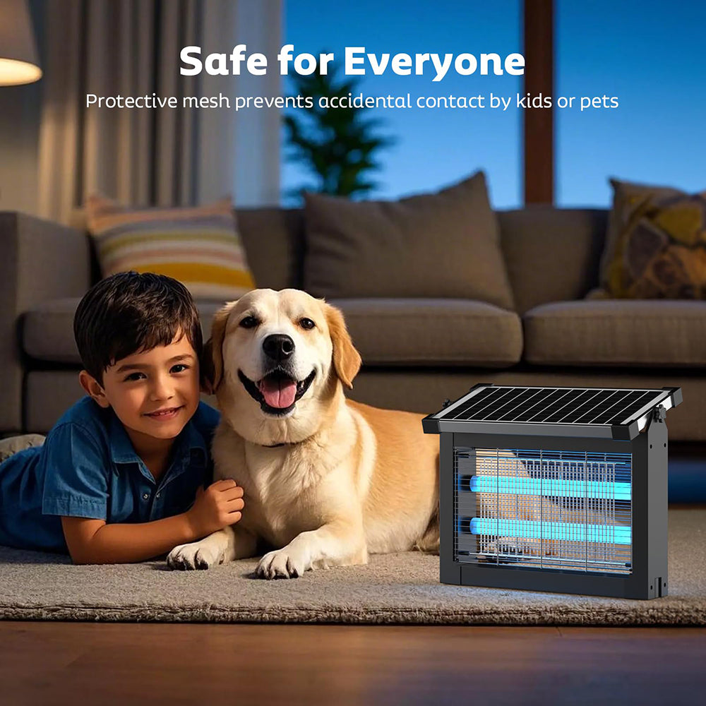 Child and dog with a protective mesh device in a living room setting