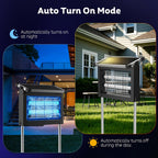 Solar-powered outdoor light with auto turn-on and turn-off features, shown in a backyard setting.