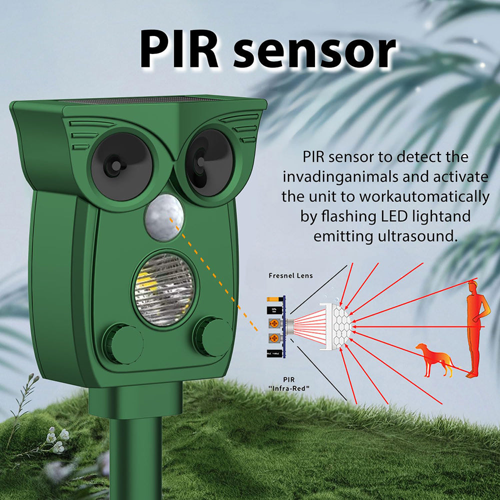 Green owl-shaped PIR sensor with text explaining its function, set against a natural background.