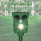 Green owl-shaped pest control device with LED flash lamp and ultrasonic waves on a grassy background.