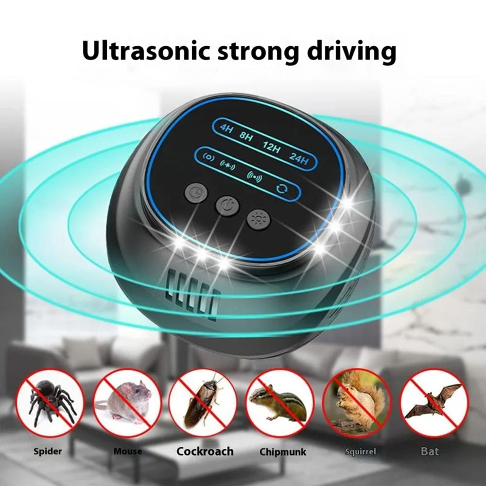 AxiaTool ultrasonic pest repeller with timer and flashing light, designed to deter mice, rats, and spiders.