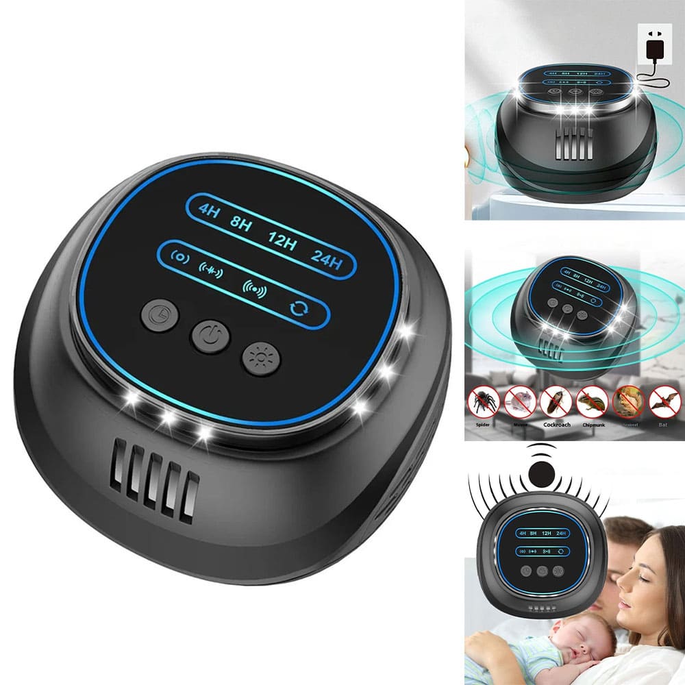 AxiaTool ultrasonic pest repeller in black with timer and flashing light, designed for mice, rodents, and spiders.