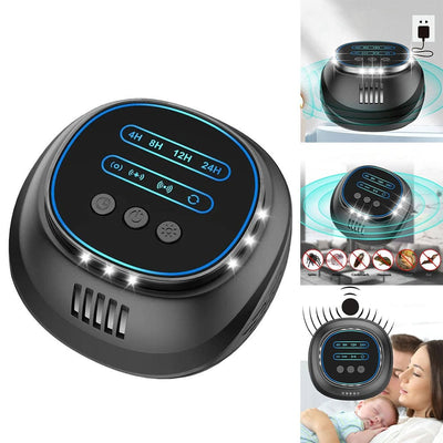 AxiaTool ultrasonic pest repeller in black with timer and flashing light, designed for mice, rodents, and spiders.