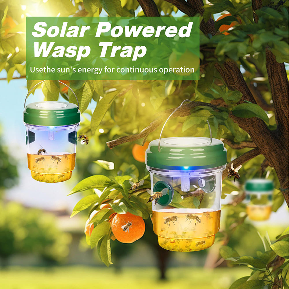 Four AxiaTool solar-powered wasp traps hanging outdoors in a garden setting, designed for effective pest control.