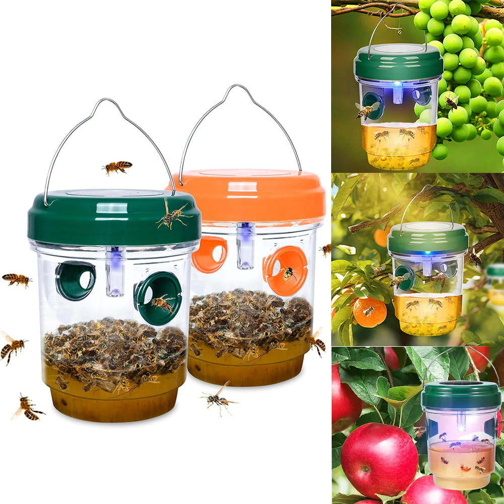 AxiaTool 4 pack solar powered wasp traps hanging outdoors in various colors for effective pest control.