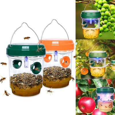 AxiaTool 4 pack solar powered wasp traps hanging outdoors in various colors for effective pest control.