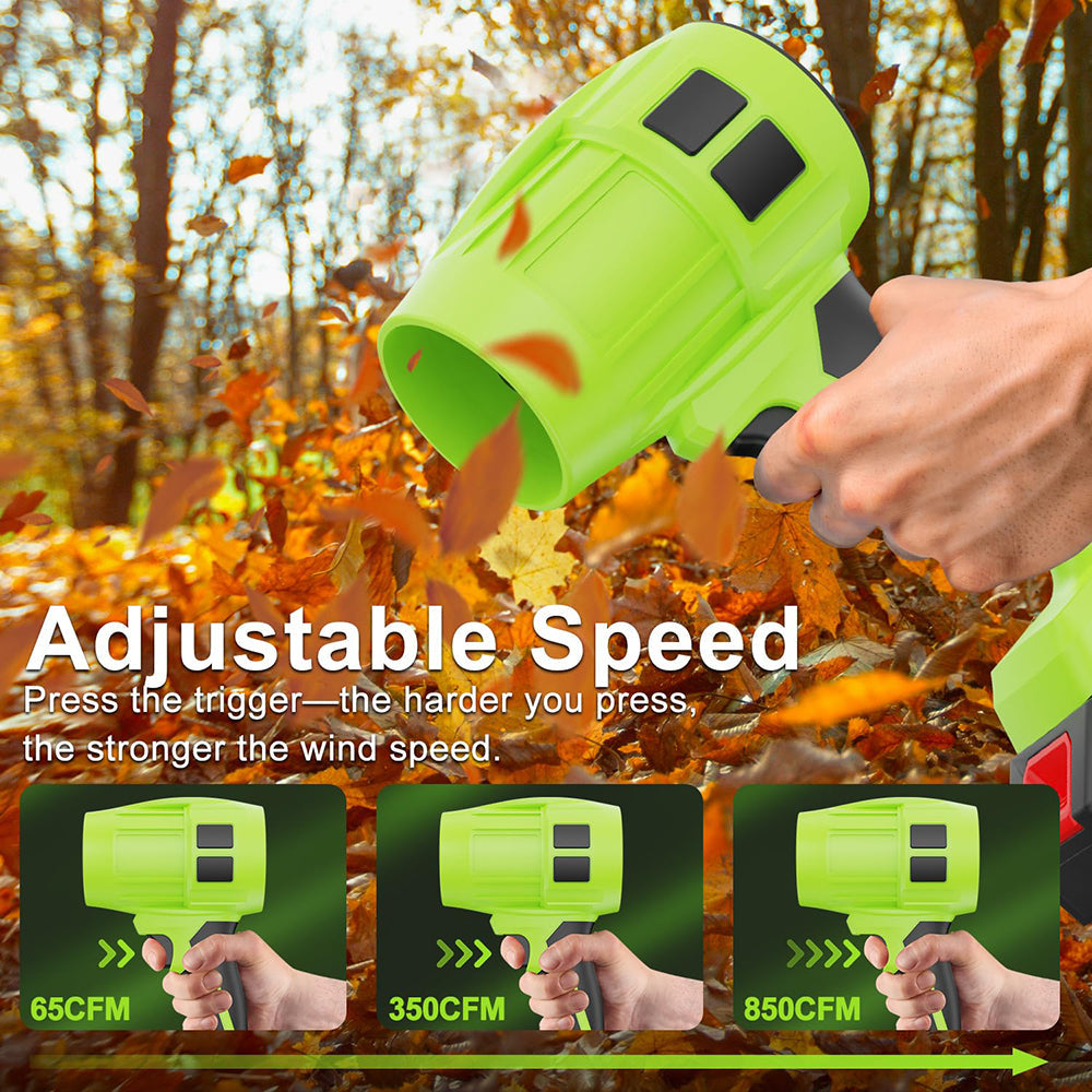 Green leaf blower being used to clear leaves with text on adjustable speed.