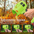 Green leaf blower being used to clear leaves with text on adjustable speed.