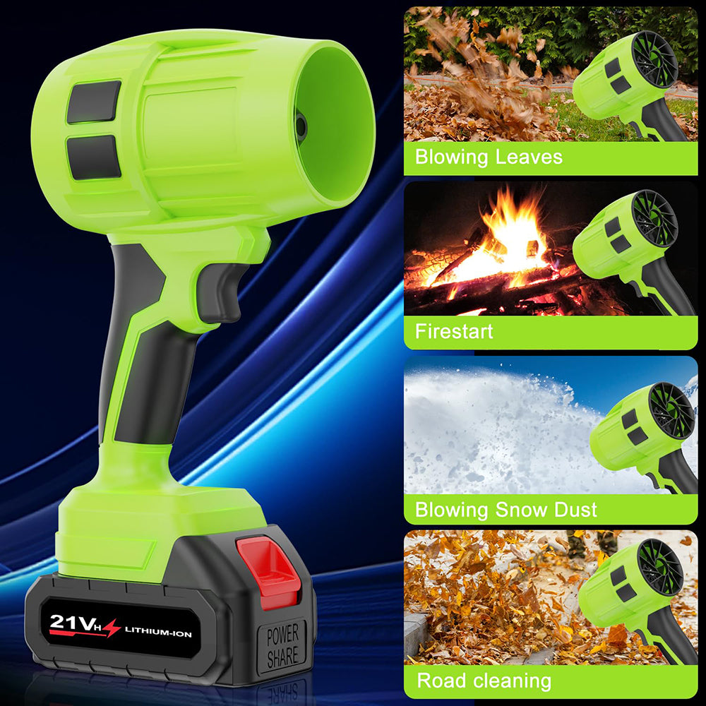 Green cordless leaf blower with multiple uses on a blue background