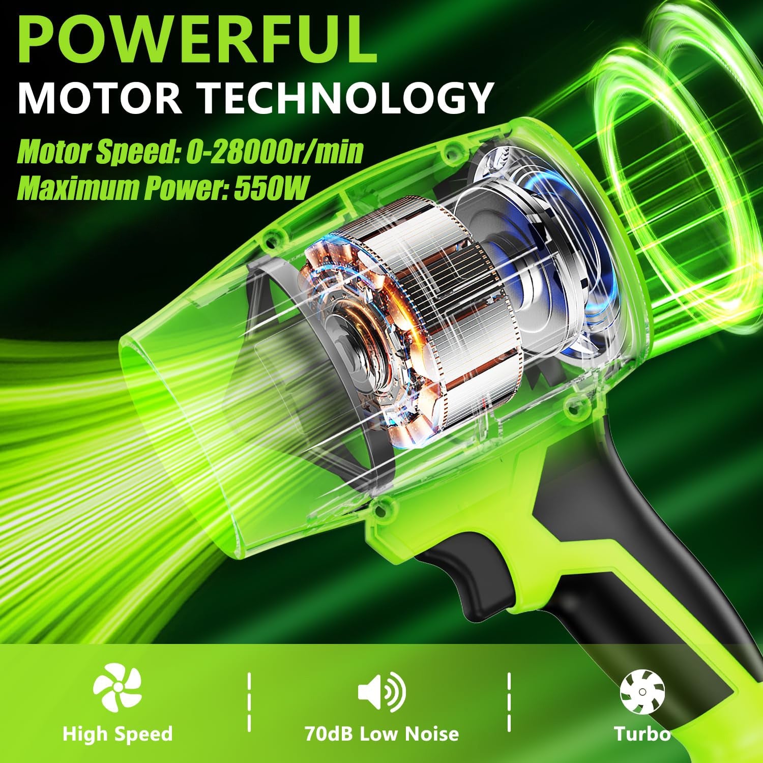 Green power tool with detailed motor design on a green background