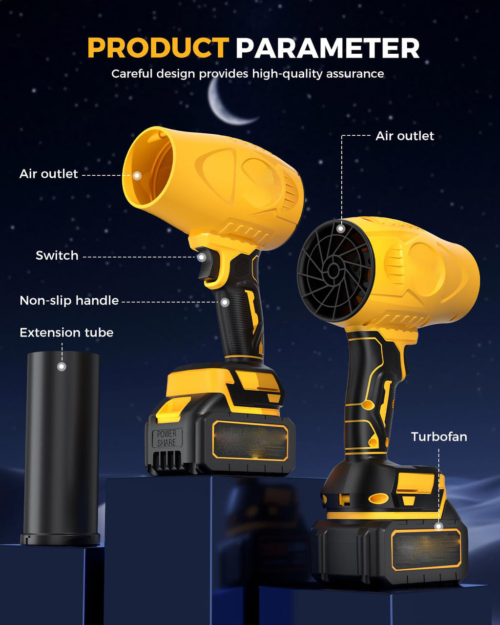 Yellow and black cordless drill with labeled parts on a dark blue background