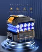 Power tool battery pack with multiple batteries on a dark blue background