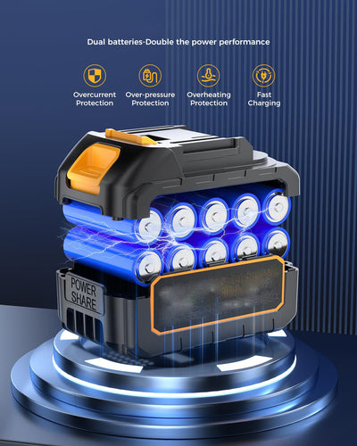Power tool battery pack with multiple batteries on a dark blue background