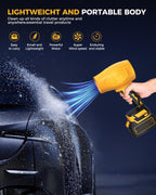 Yellow handheld power washer cleaning a car with text highlighting features on a dark background