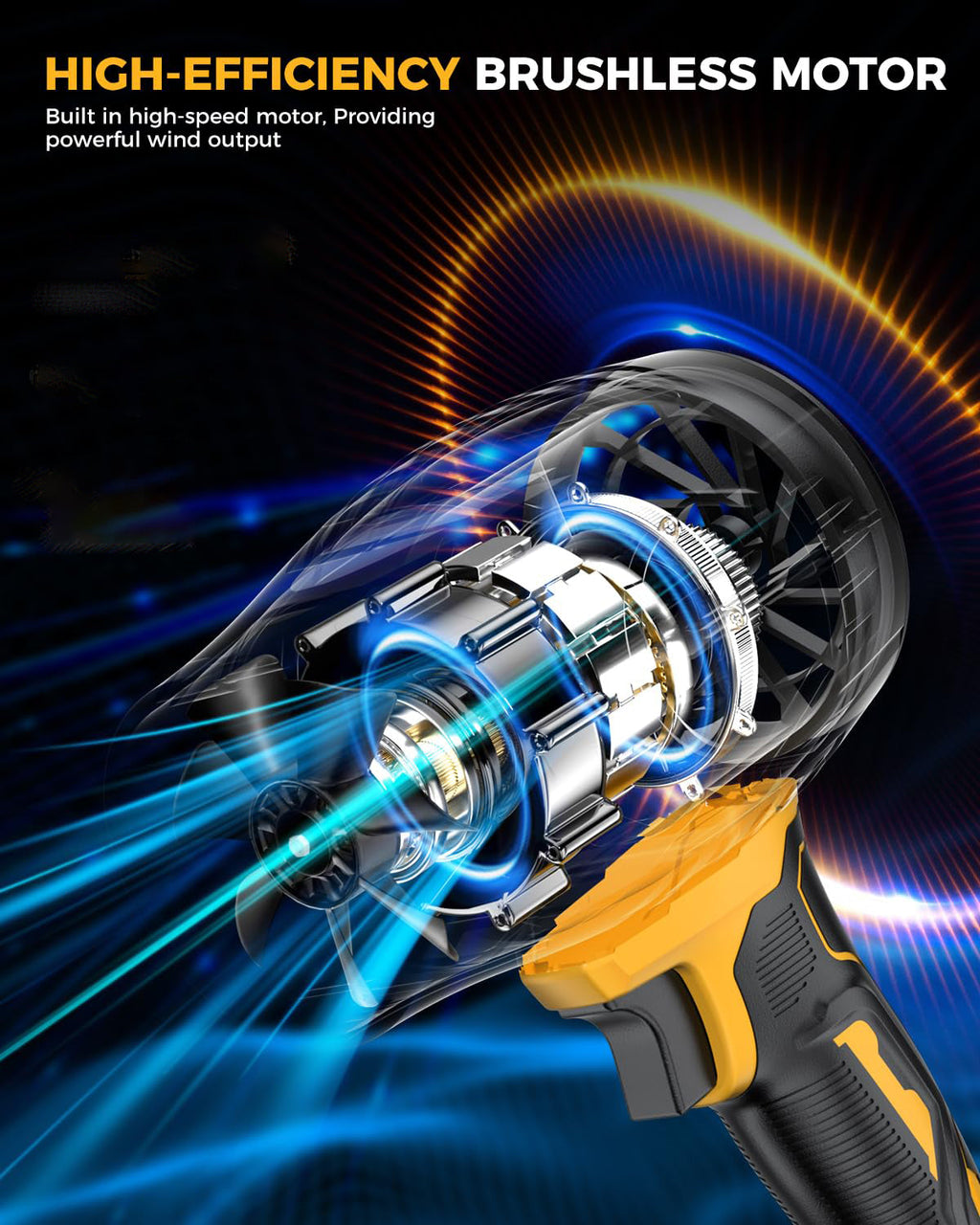 High-efficiency brushless motor with blue light effects on a dark background