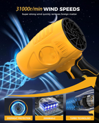 Yellow and black hair dryer with text about wind speeds and features on a dark background