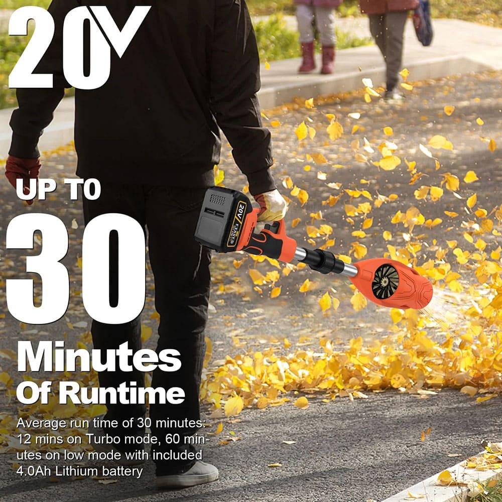 AxiaTool foldable cordless leaf blower with a powerful motor, showcasing a compact design and efficient jet airflow.