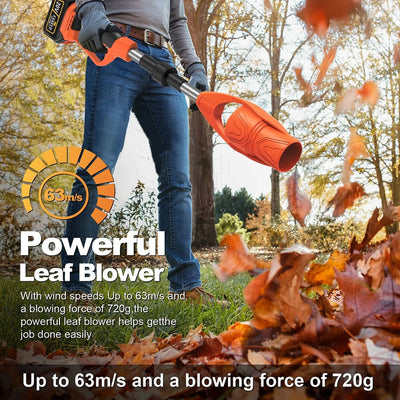 AxiaTool foldable cordless leaf blower with turbo jet design and powerful motor, shown in a garden setting.