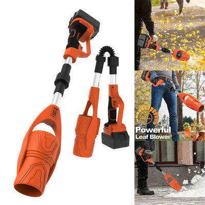 AxiaTool foldable cordless leaf blower with a powerful motor, showcasing its sleek design and detachable tube in use.