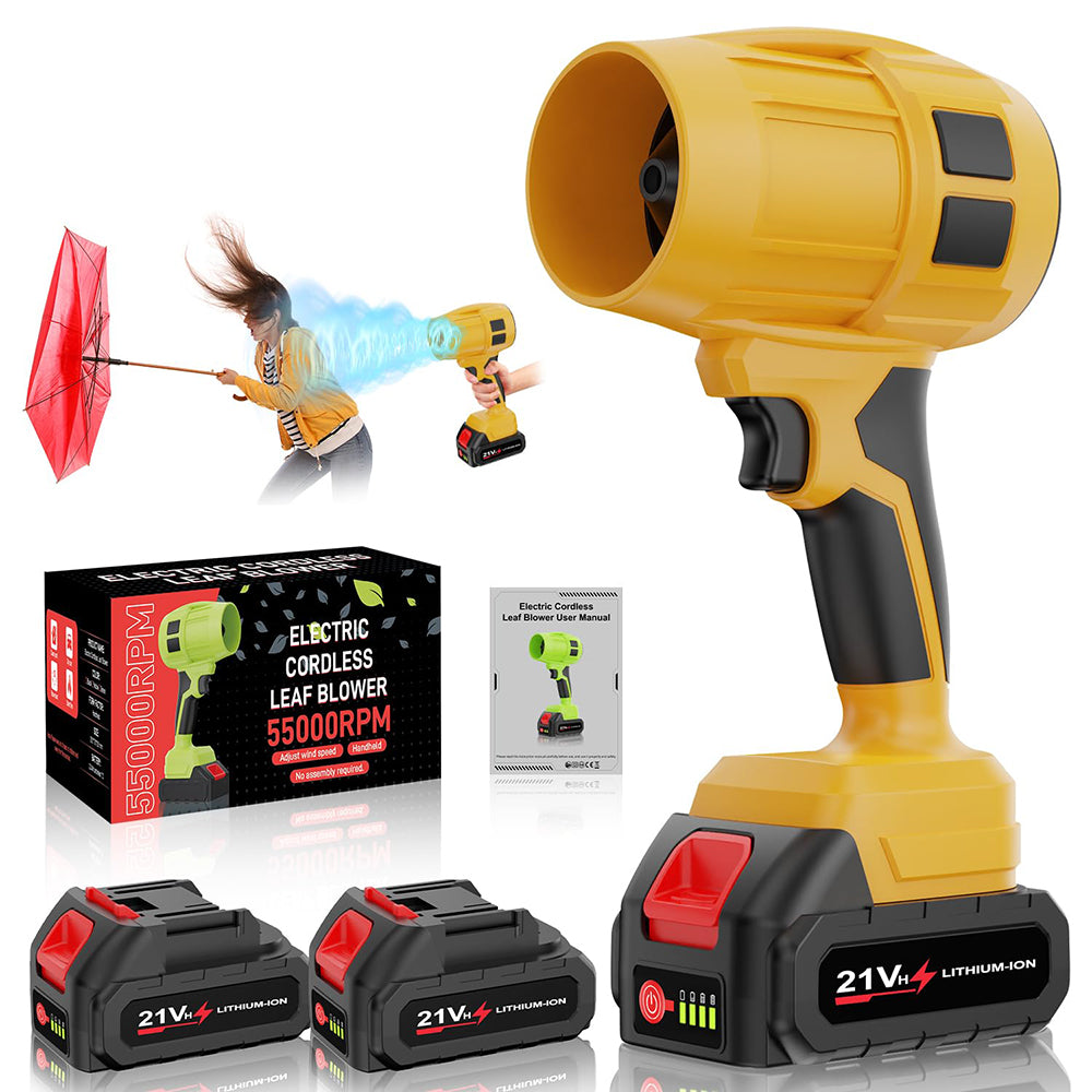 Yellow cordless leaf blower with packaging, batteries, and user manual on a white background