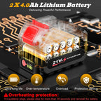 Lithium-ion battery pack with circuit board background, highlighting features and specifications.