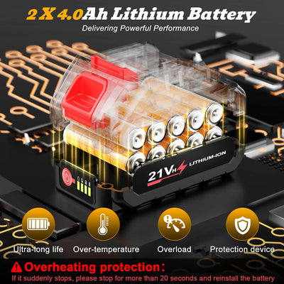 Lithium-ion battery pack with circuit board background, highlighting features and specifications.
