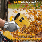 Person using a yellow leaf blower to clear leaves with text highlighting features.