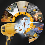 Yellow handheld blower with various uses shown in a circular collage on a black background