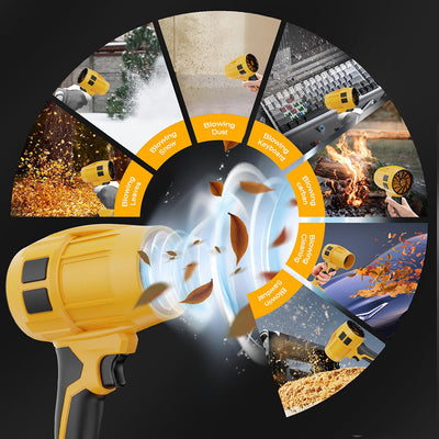 Yellow handheld blower with various uses shown in a circular collage on a black background