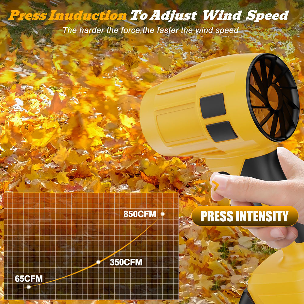 Yellow leaf blower being used to clear autumn leaves with a force indicator on a grid.