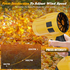 Yellow leaf blower being used to clear autumn leaves with a force indicator on a grid.