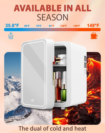 Small white refrigerator with items inside, surrounded by temperature indicators and landscape scenes.
