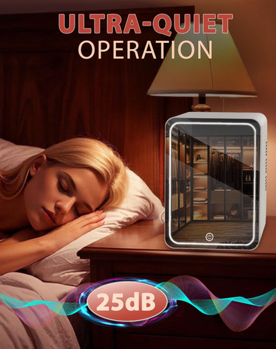 Woman sleeping with an ultra-quiet operation device on a nightstand, showing 25dB level.
