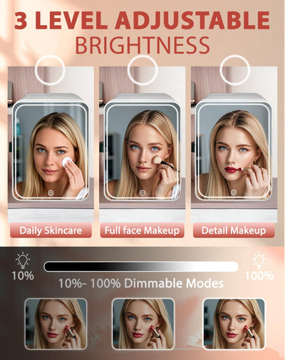 Adjustable brightness levels for daily skincare, full face makeup, and detail makeup with a woman's face shown.