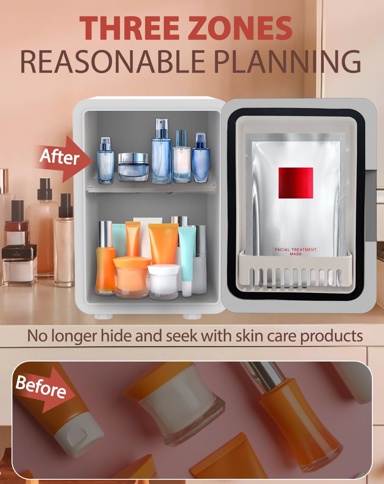 Small refrigerator with skincare products labeled 'After' and 'Before', emphasizing organized storage.