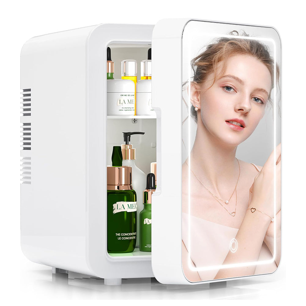 AxiaTool 4L mini fridge with built-in light mirror, showcasing sleek design and compact size for personal use.