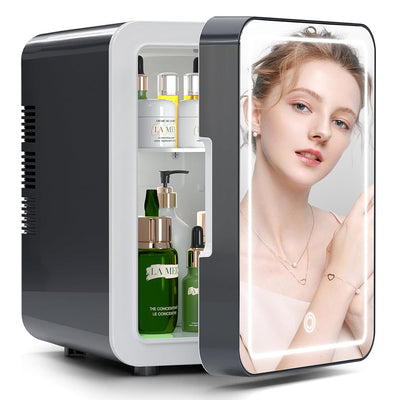 AxiaTool 4L mini fridge with a built-in light mirror, showcasing sleek design and compact size for personal use.
