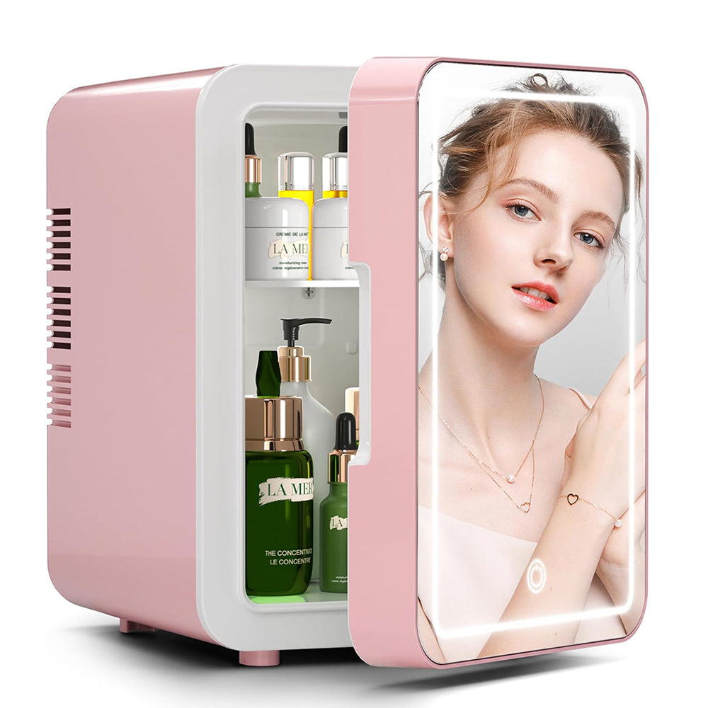 AxiaTool 4L mini fridge featuring a built-in light mirror, compact design perfect for personal use or travel.