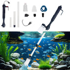 Aquarium cleaning tool set with components and an underwater view of an aquarium with fish and plants.