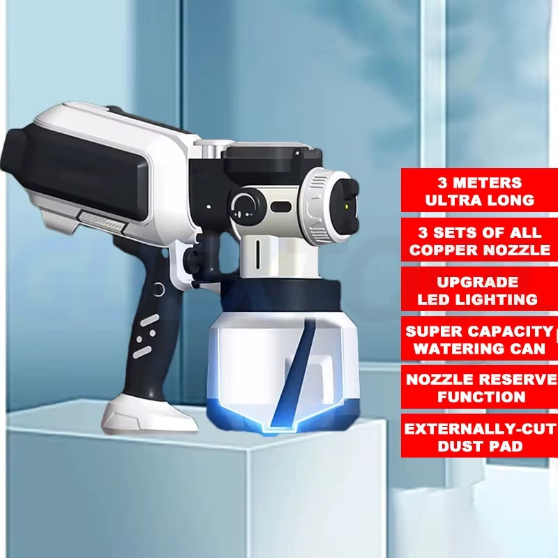 A white and blue automatic paint spray gun with LED lighting and three different nozzle sizes attached, displayed on a stand.